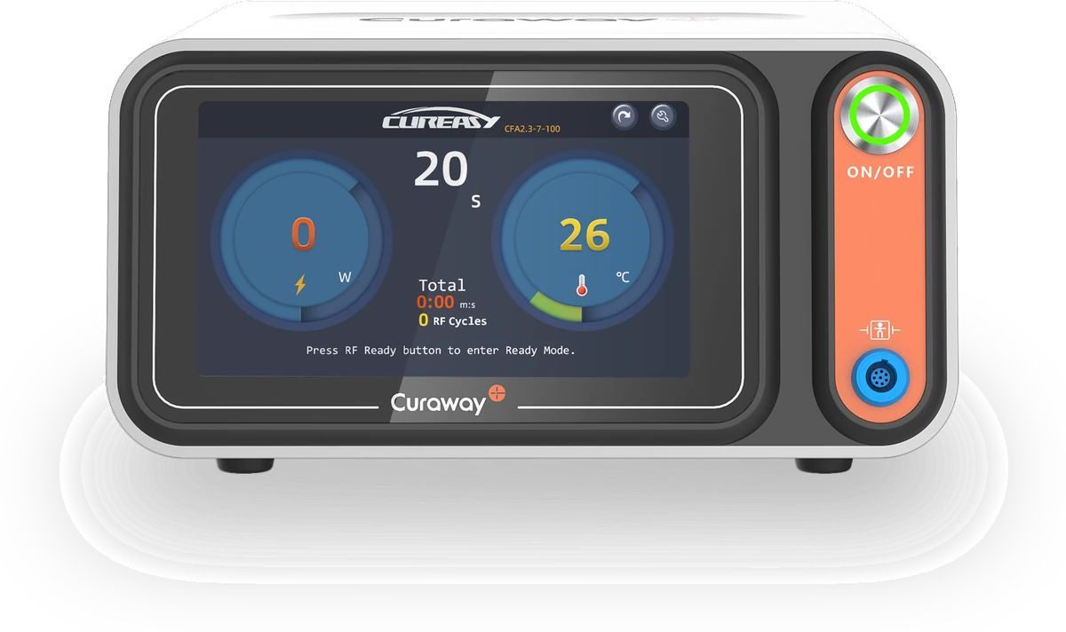 CuraWay JM-S40 endovenous radiofrequency generator, front view with the console displaying a 20 second cycle, power in watts and tip temperature