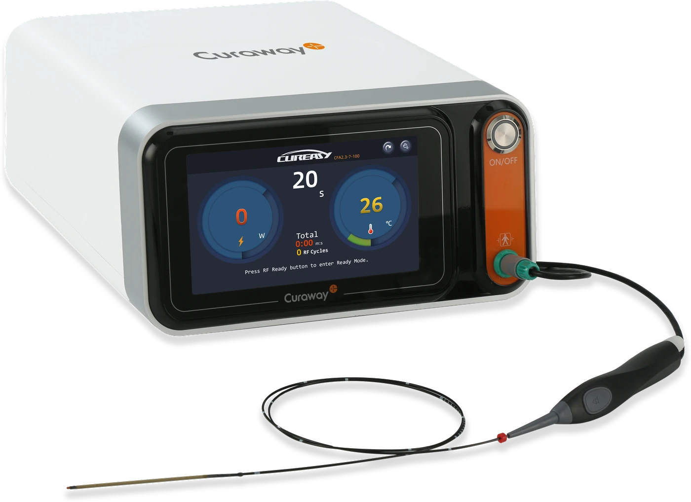 CuraWay JM-S40 generator with a CFA 2.3-7-100 radiofrequency catheter connected, the catheter shaft coiled in front of the console